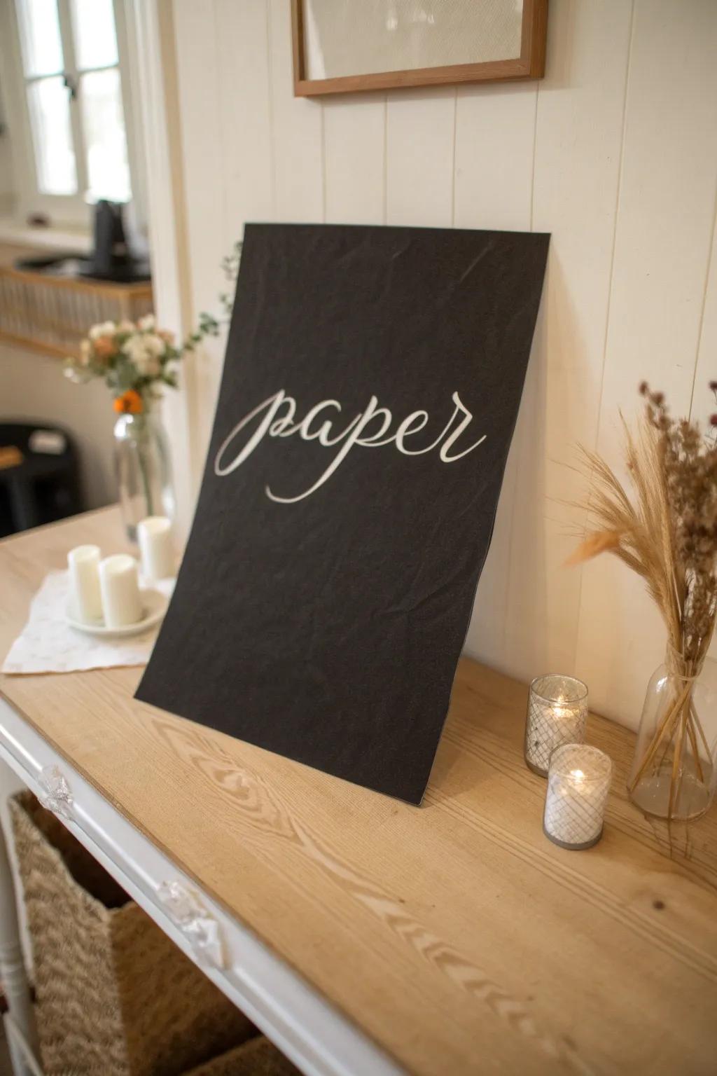 Elevate your space with the timeless elegance of faux calligraphy on black paper.