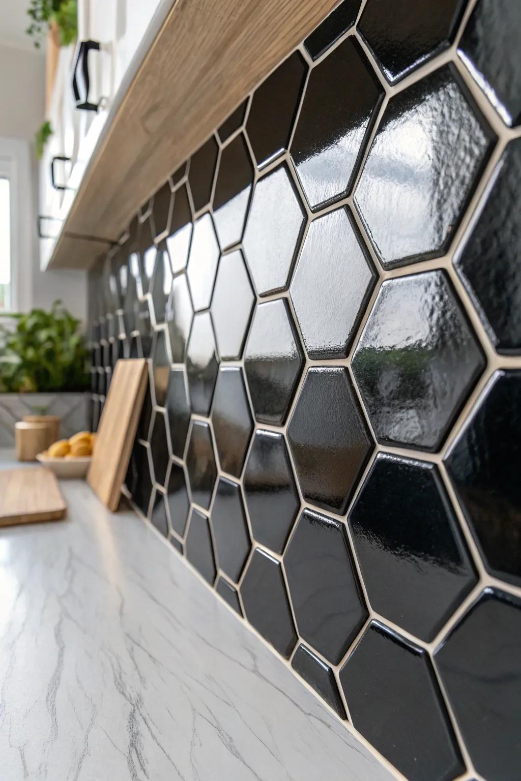 Elevate your kitchen design with glossy hexagonal elegance.