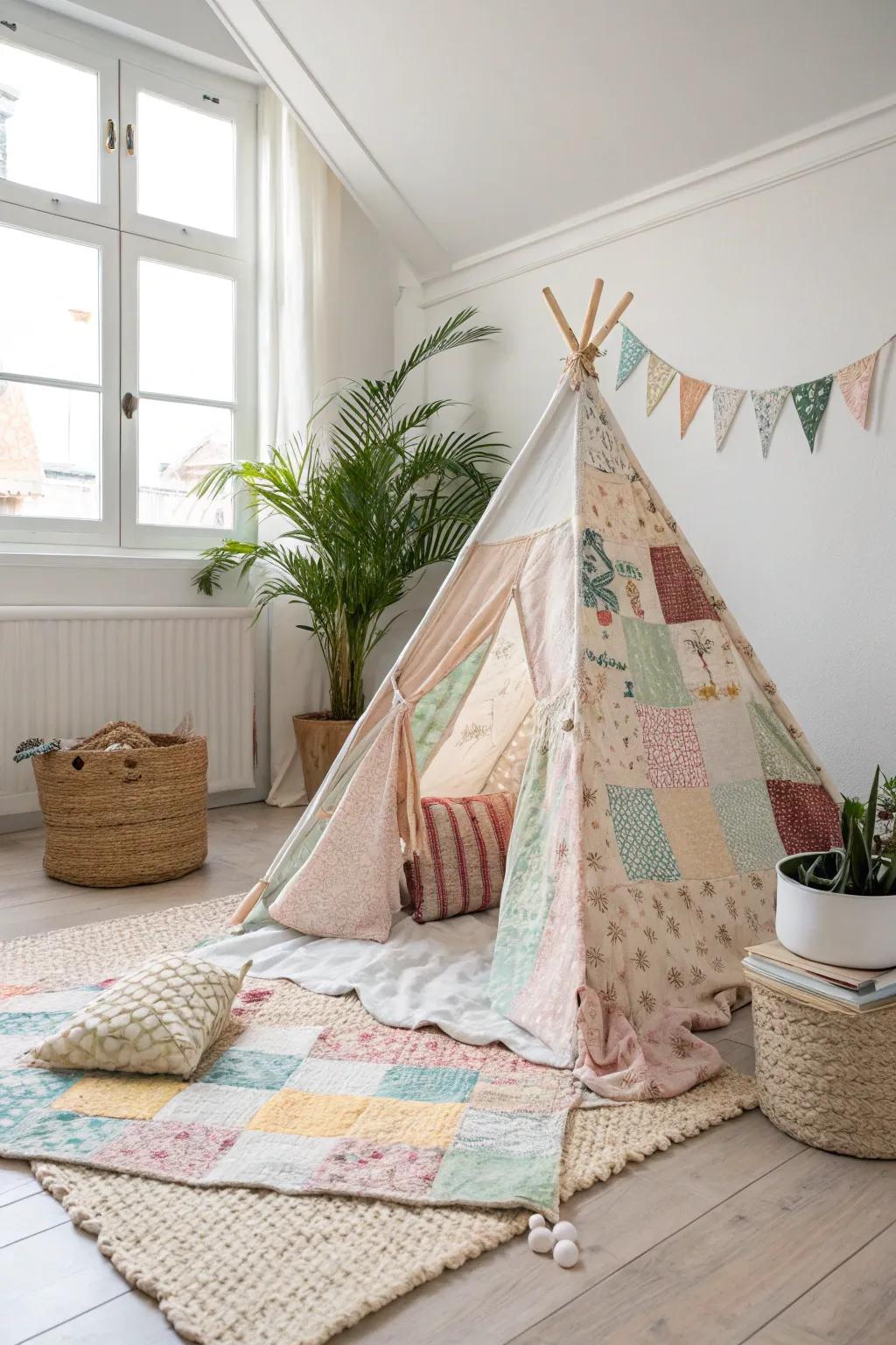 Create your own eco-friendly escape with a charming patchwork blanket fort!