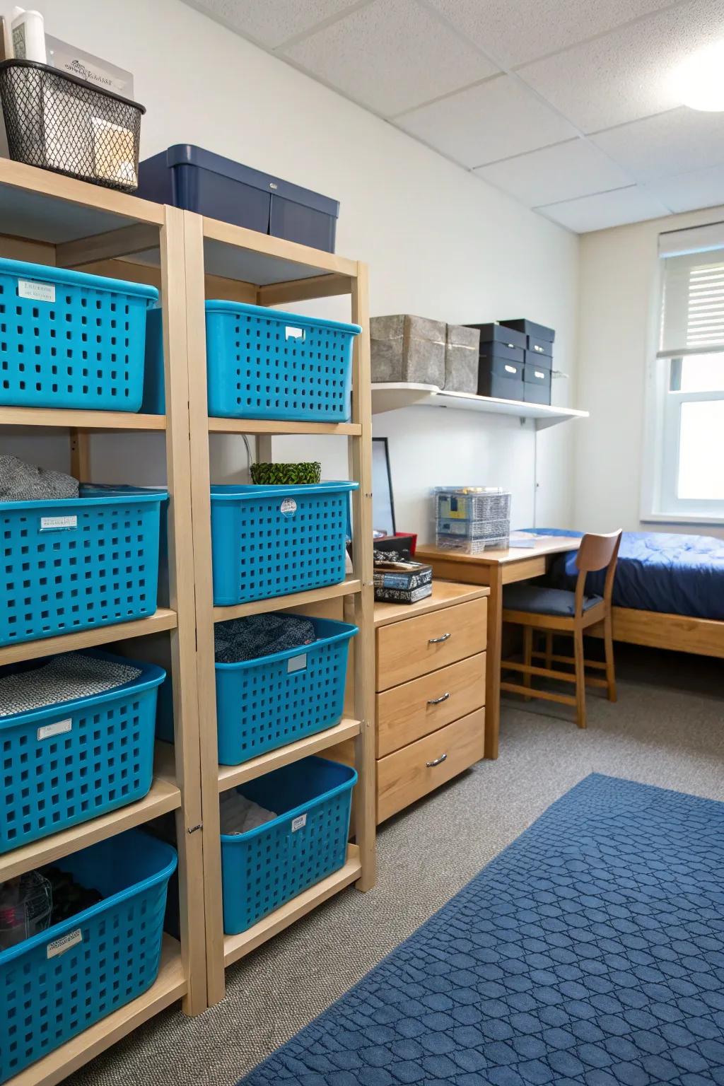 Blue storage solutions keep your room organized and stylish.