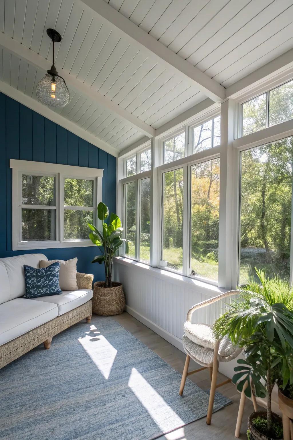 A blue accent wall makes a striking focal point.