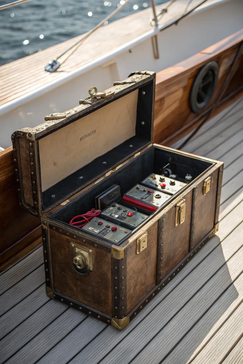 Transform your yacht with a vintage touch: a repurposed trunk for a unique battery box solution.