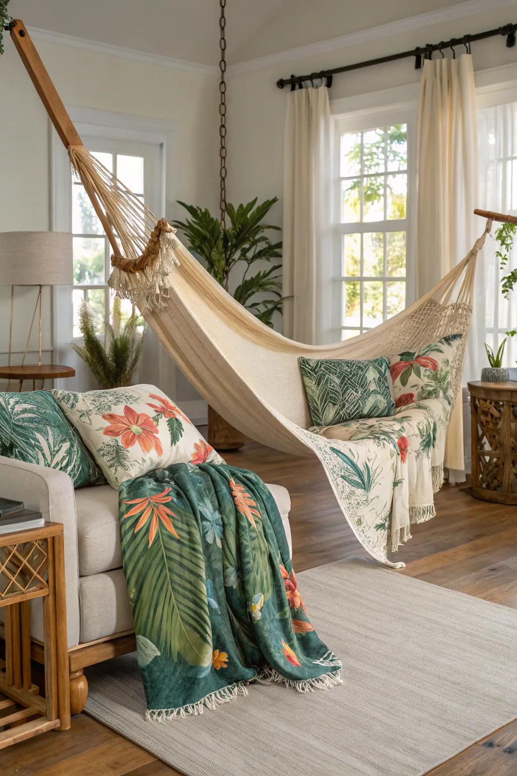 A cozy living room featuring beach-inspired textiles that evoke a laid-back Brazilian charm.