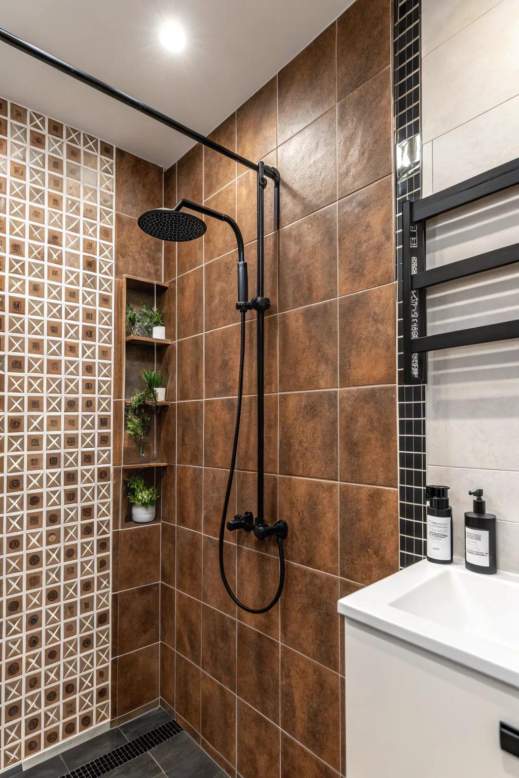 A modern twist with black and white accents complements brown tiles beautifully.