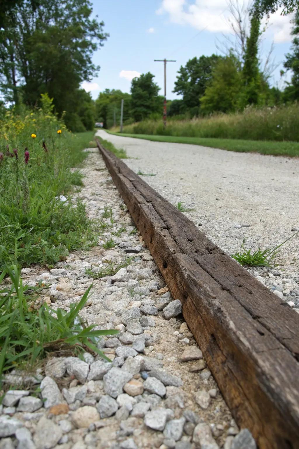 Transform your driveway with rustic railroad ties for a charming, budget-friendly touch.