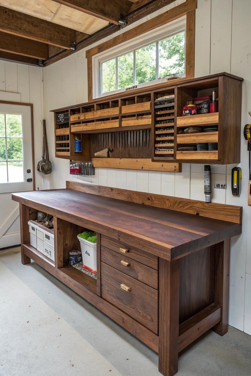 Elevate your shed's functionality with a sleek workbench and integrated shelving—where craftsmanship meets organization.