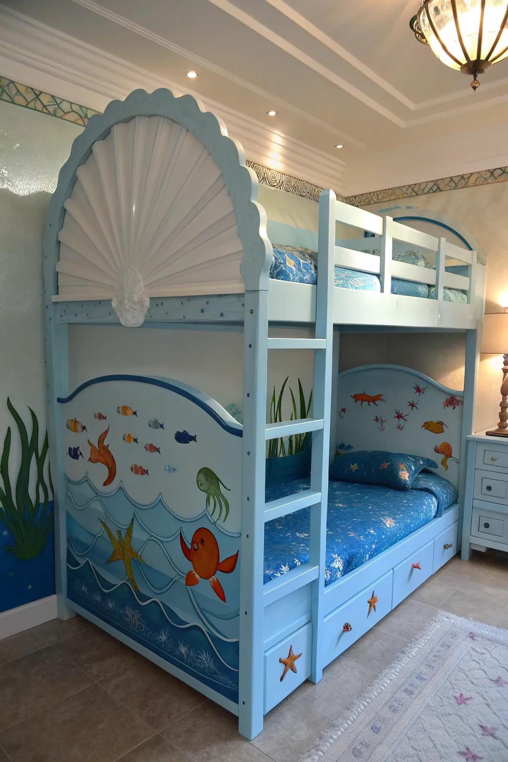 Dive into an oceanic dreamscape with this stunning undersea-themed bunk bed transformation.