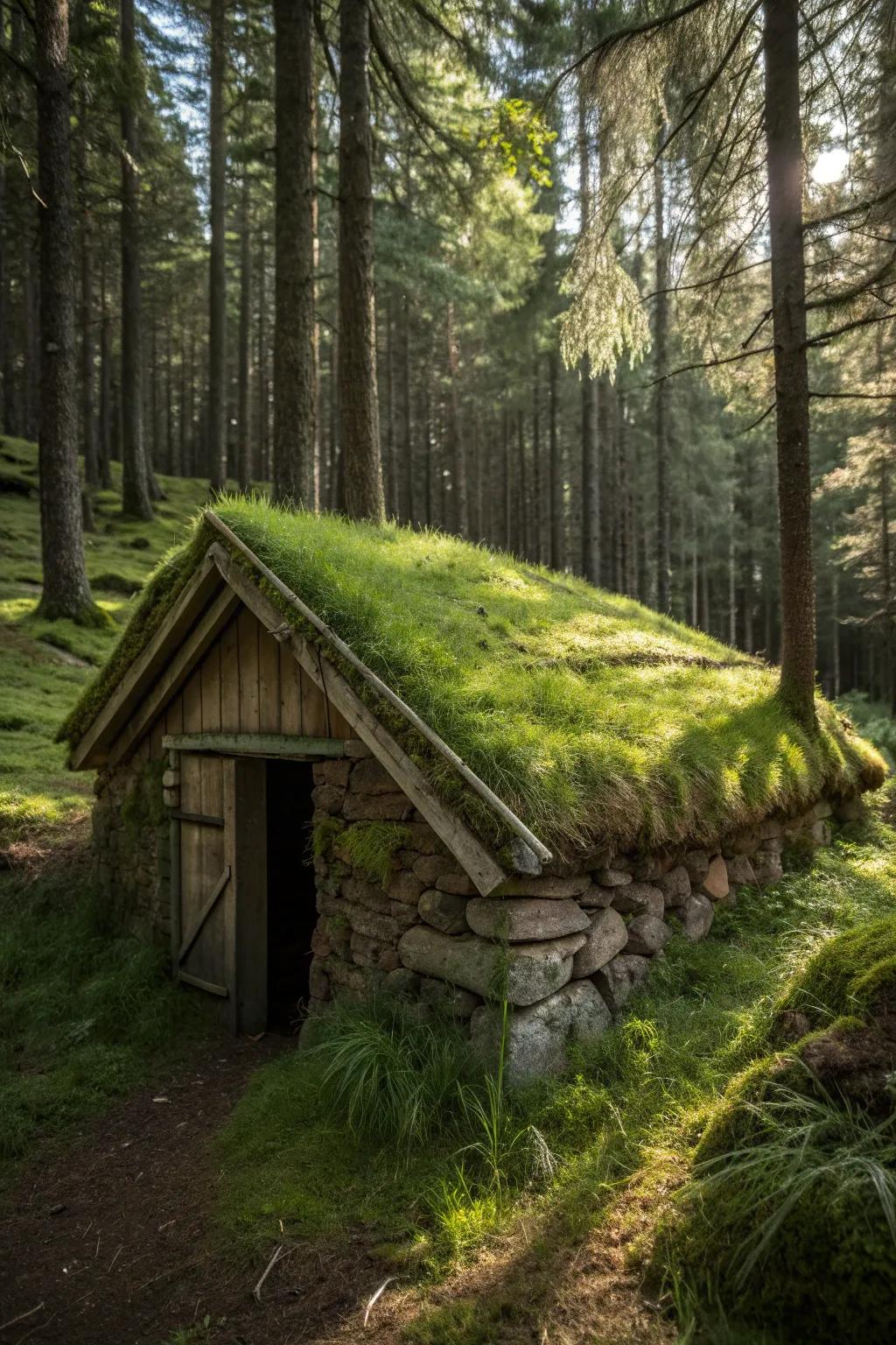 Embrace nature's embrace with a sod roof shelter, your perfect woodland hideaway.