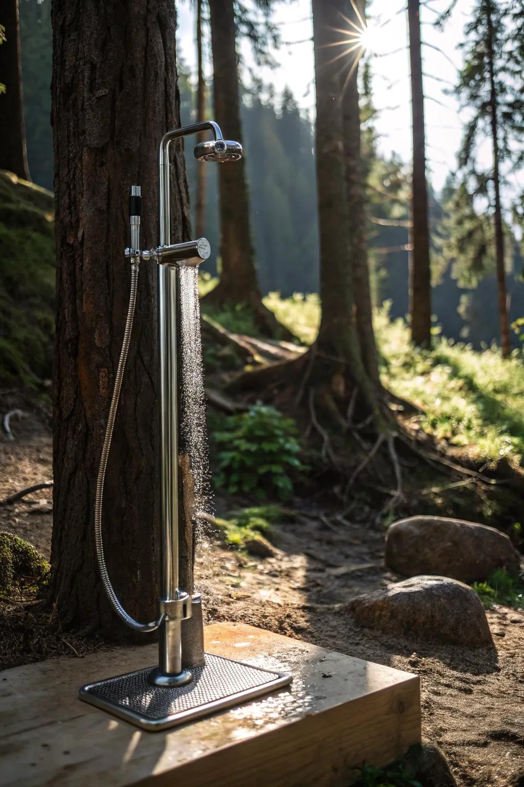 Step into nature with the innovative foot pump shower system for the ultimate hands-free camping experience.