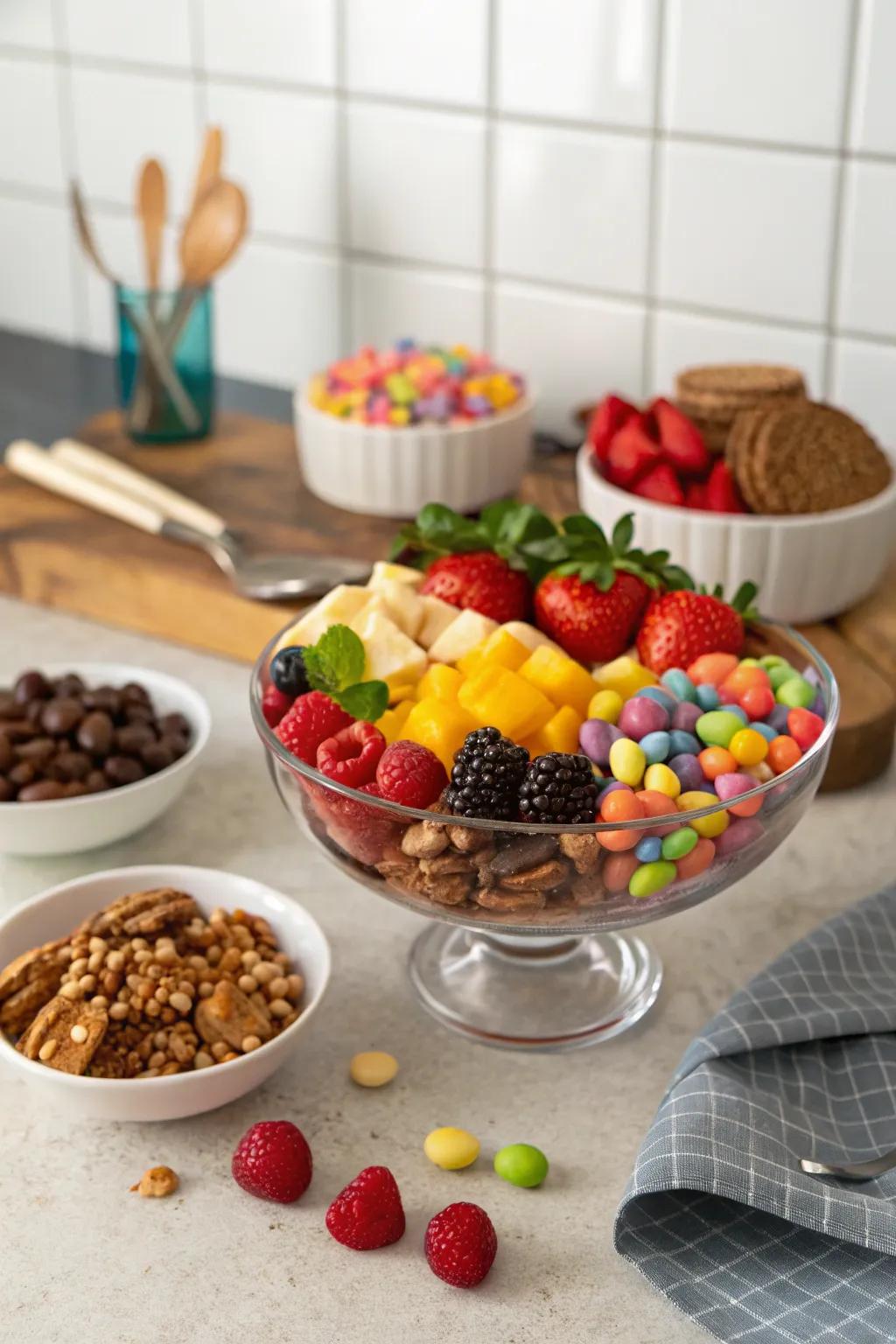 Edible arrangements offer a healthy and visually pleasing candy bowl.