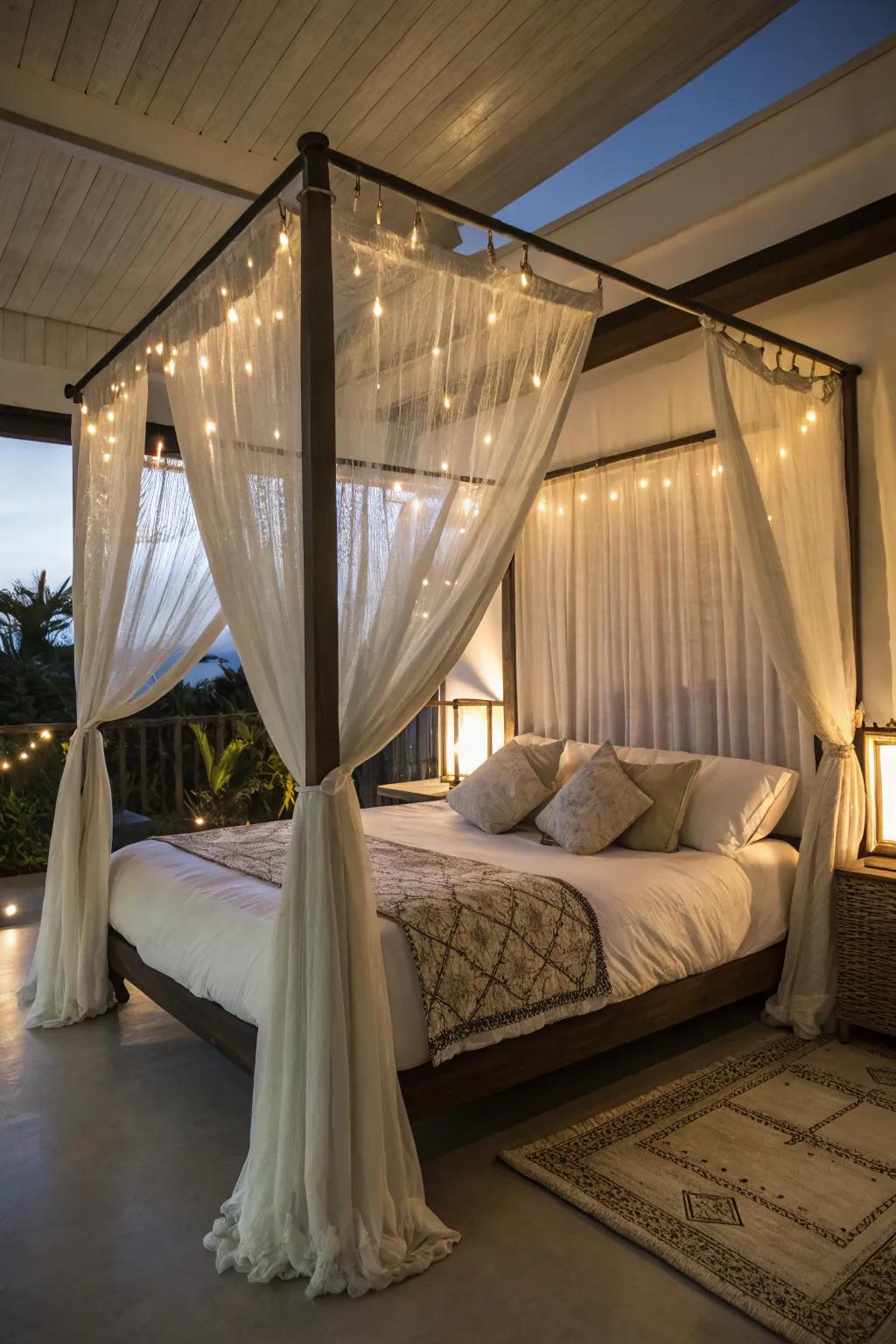 Sheer curtains and soft lighting create a light and airy ambiance around your canopy bed.