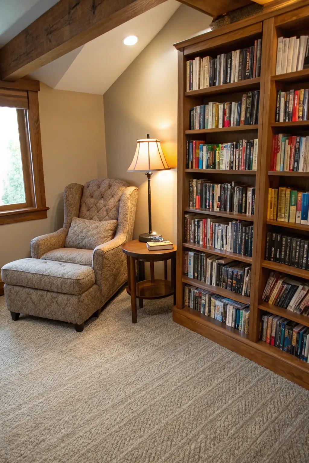 A cozy reading nook with a textured cut and loop carpet.