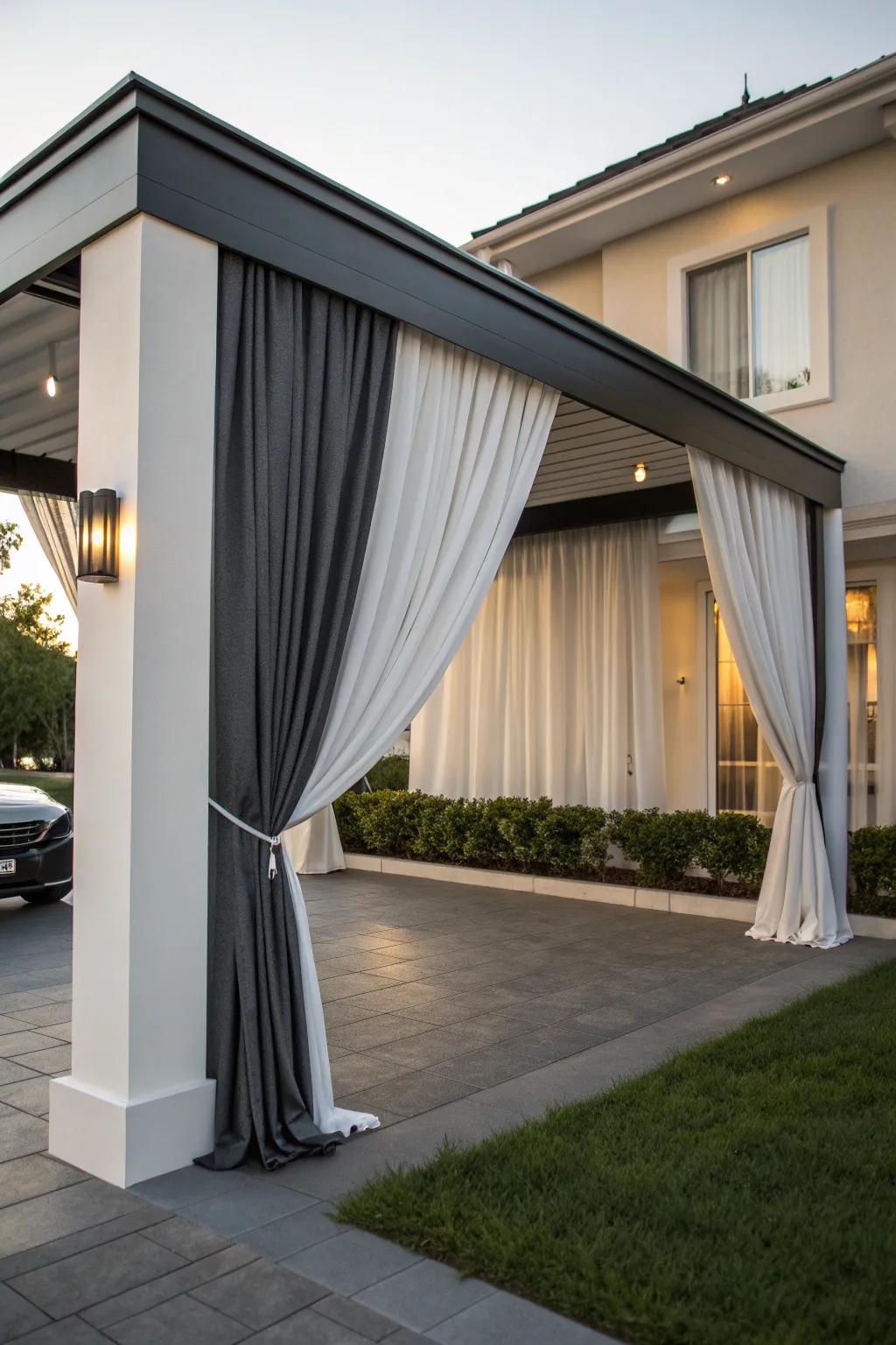 Elevate your carport with the elegance of two-toned curtains—a perfect blend of style and function.