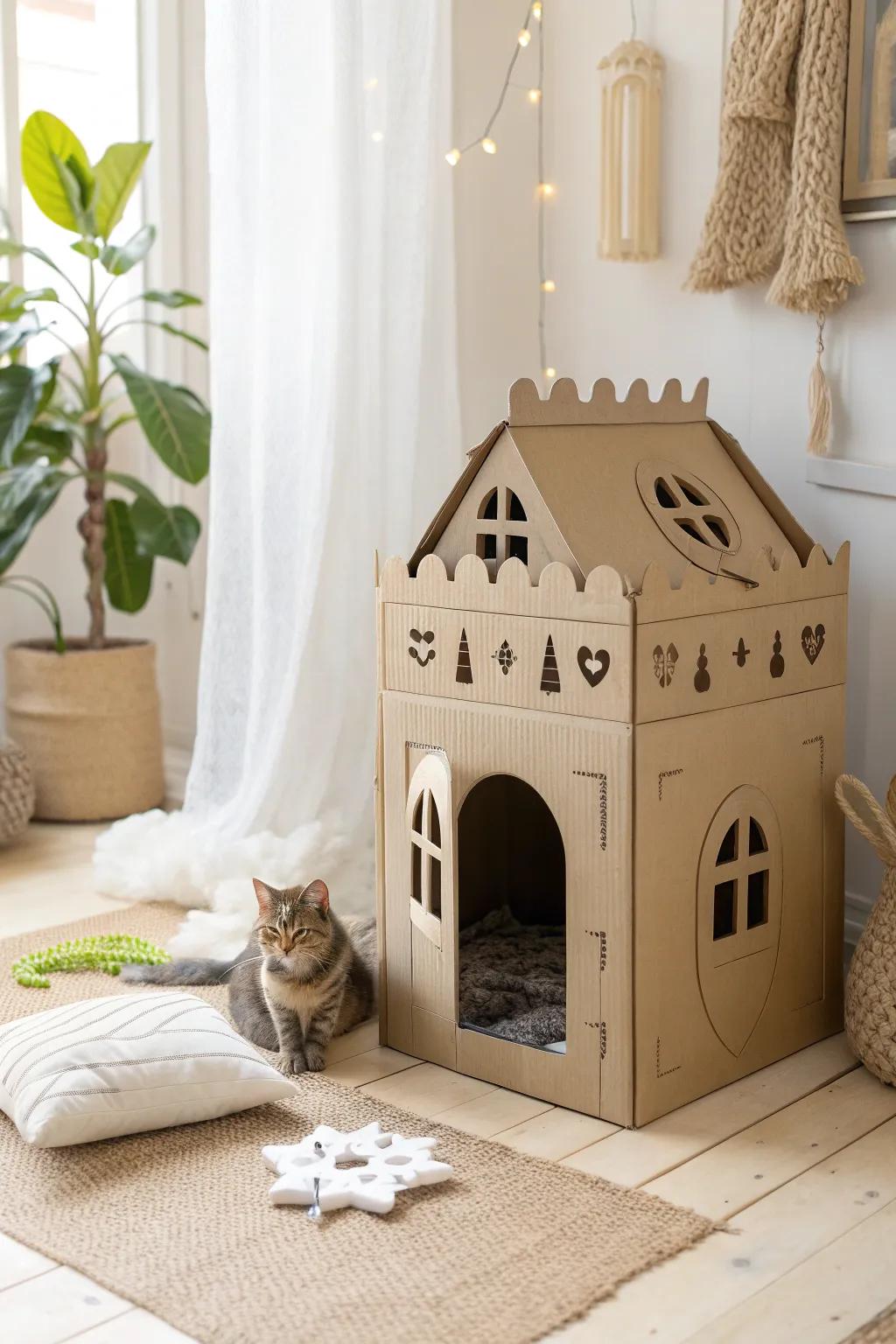 Transform your old boxes into a chic cat playground with this DIY cardboard fort—where sustainability meets style.