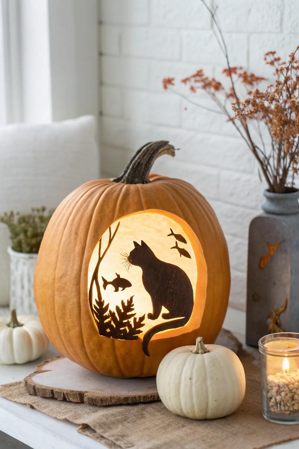 Curiosity Carved: A playful cat meets its fishy friend in this charming pumpkin design.