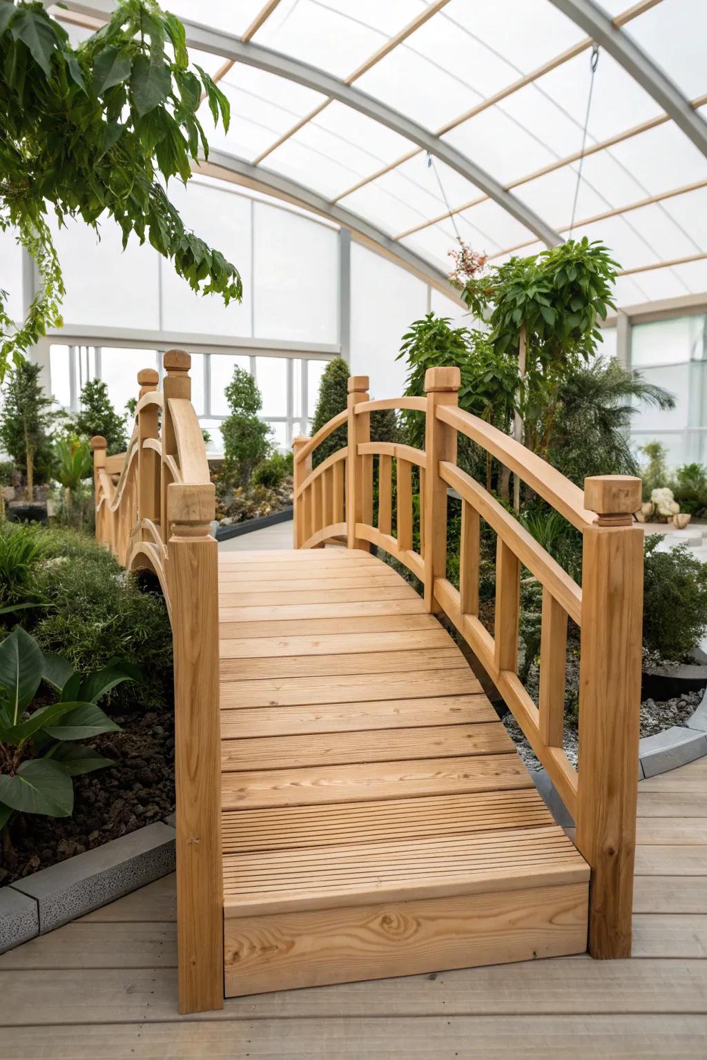 Elevate your catio with a stunning wooden bridge that combines minimalist design with playful exploration.