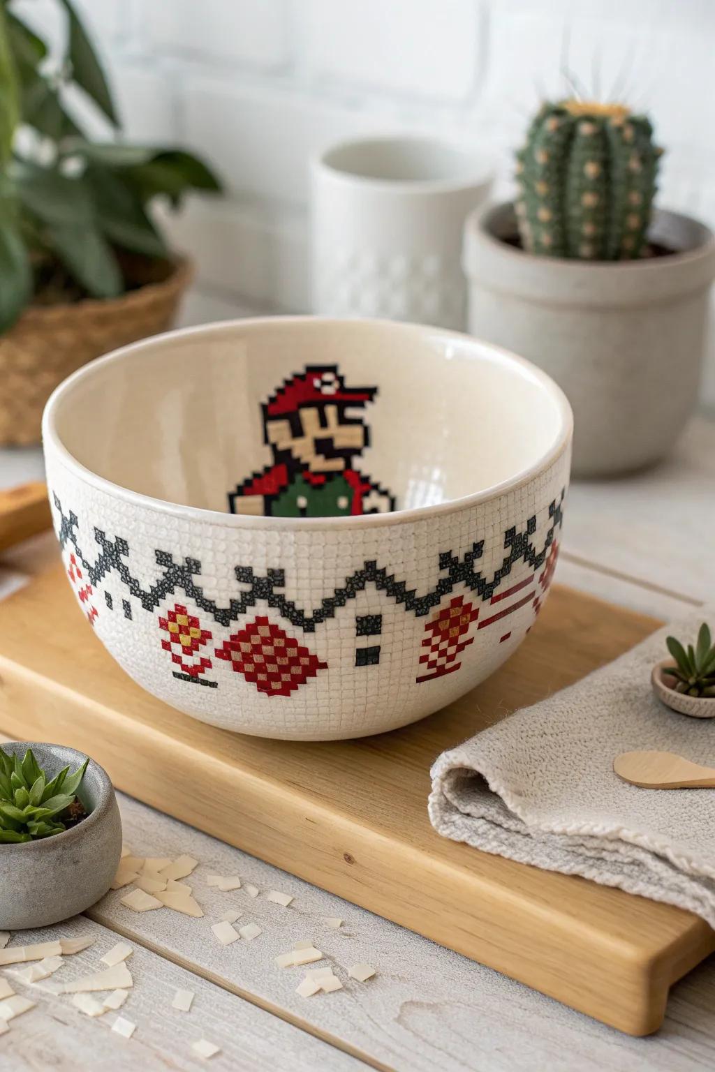 Add a touch of nostalgia to your decor with a charming pixel art ceramic bowl. Perfect for minimalist and boho-inspired spaces!