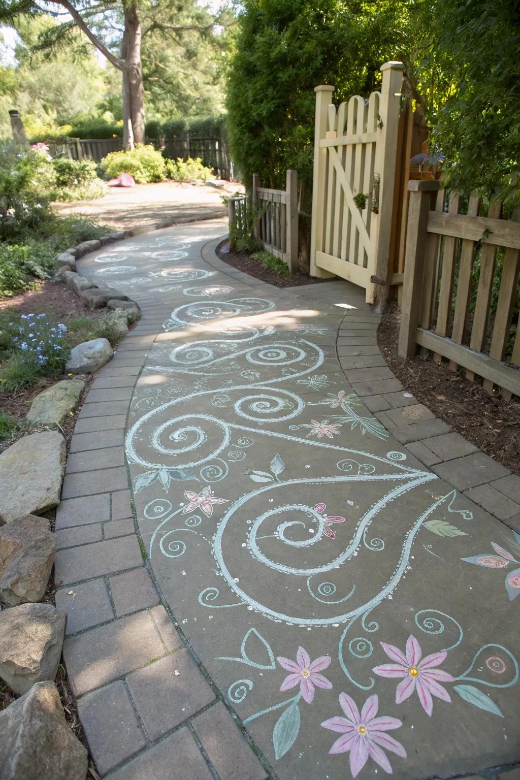 Transform your garden path with enchanting chalk art, blending whimsy with nature's simplicity.