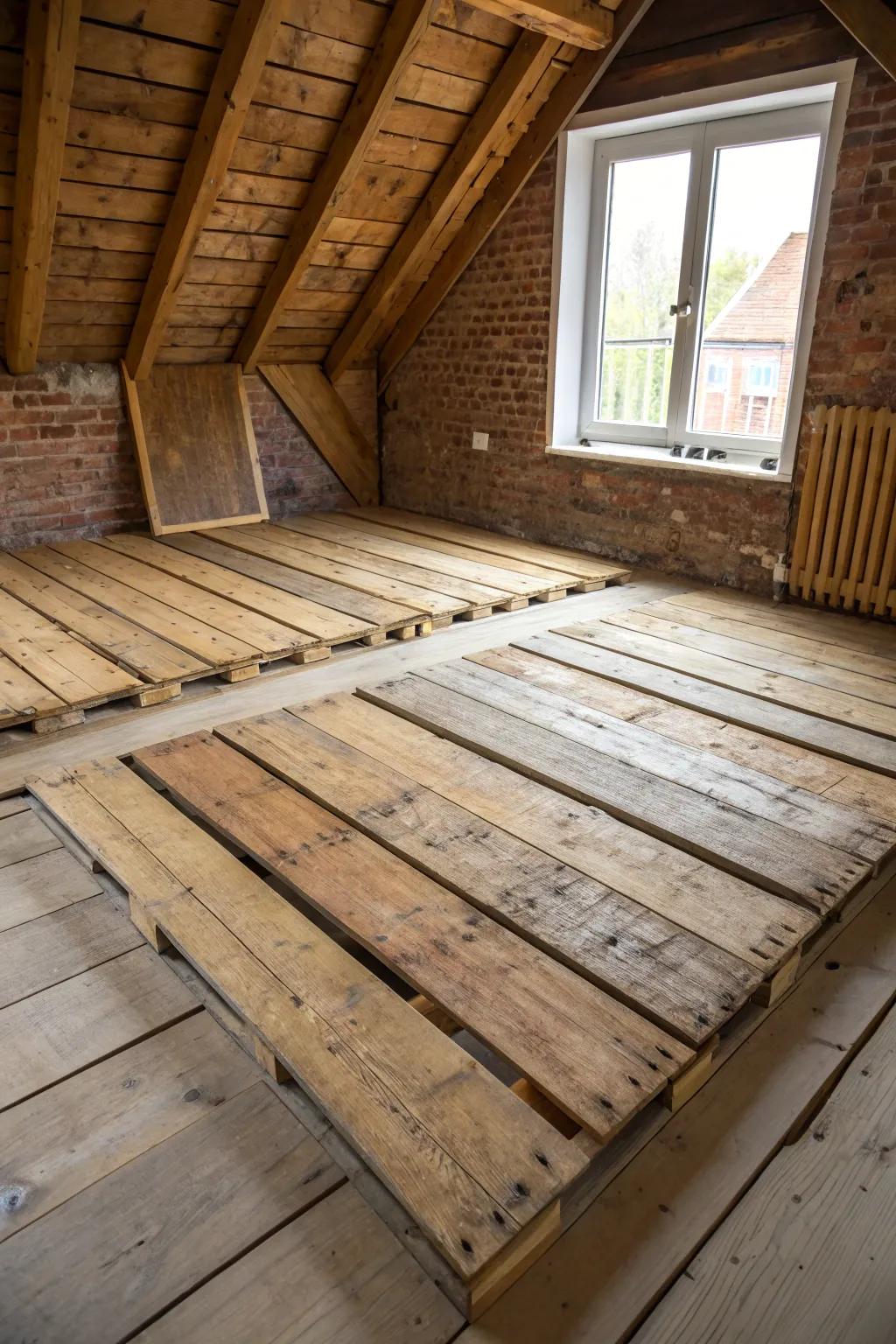 Transform your attic with rustic charm using repurposed pallets for an affordable and stylish flooring solution.