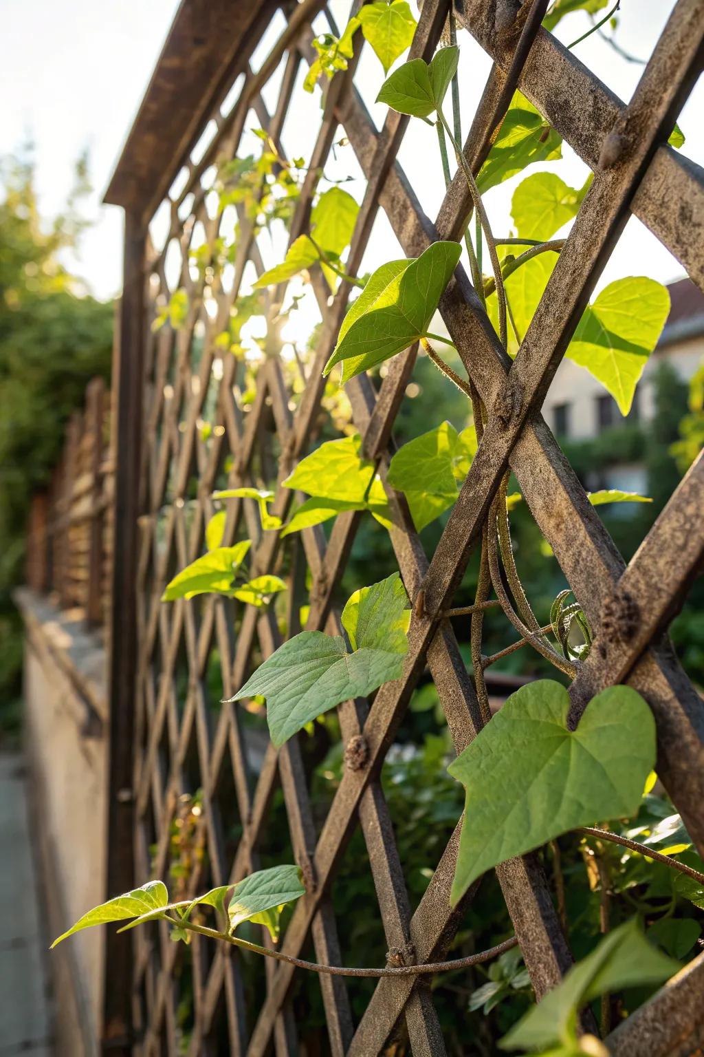 Enhance your garden's charm with a sturdy metal lattice for climbing crops.