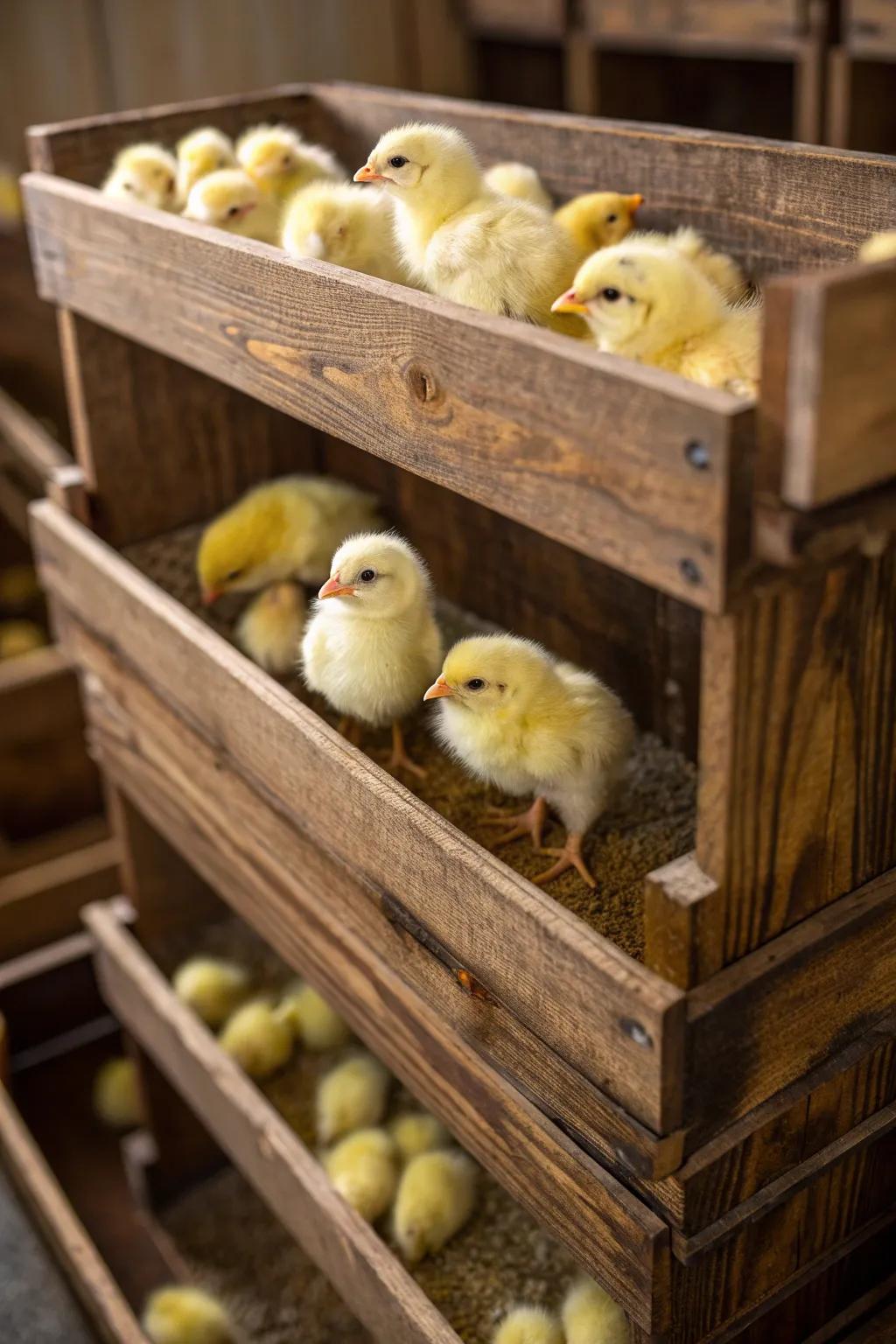Elevate your brooding game with a stylish multi-level crate, perfect for organizing chicks by age or breed.