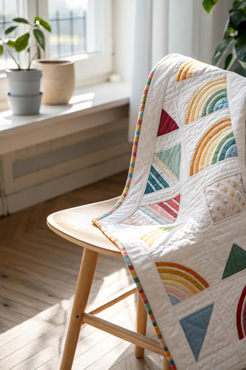 Embrace the magic of rainbows and geometry in a beautifully crafted children's quilt.