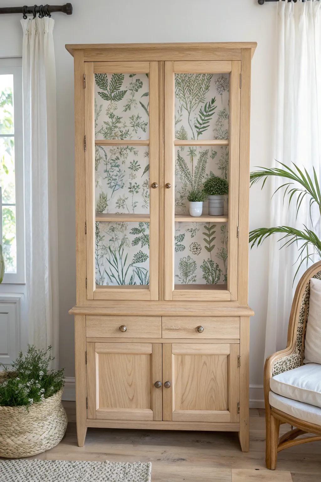 Transform your china cabinet with the elegance of decoupage botanical prints for a chic, minimalist aesthetic.