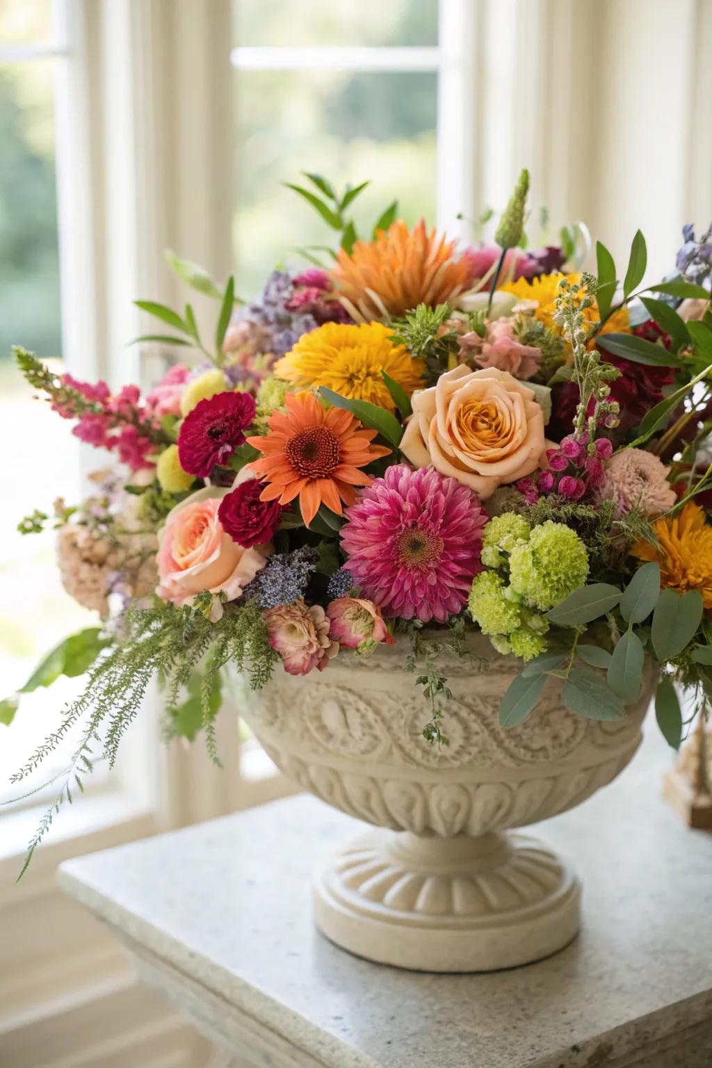 Joyful and lively mixed floral medley for a cheerful centerpiece.