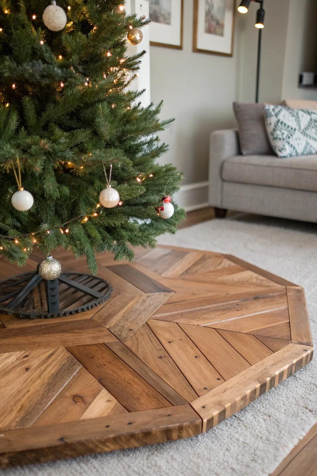 Elevate your holiday decor with this handcrafted wooden Christmas tree skirt, blending rustic charm with modern elegance.