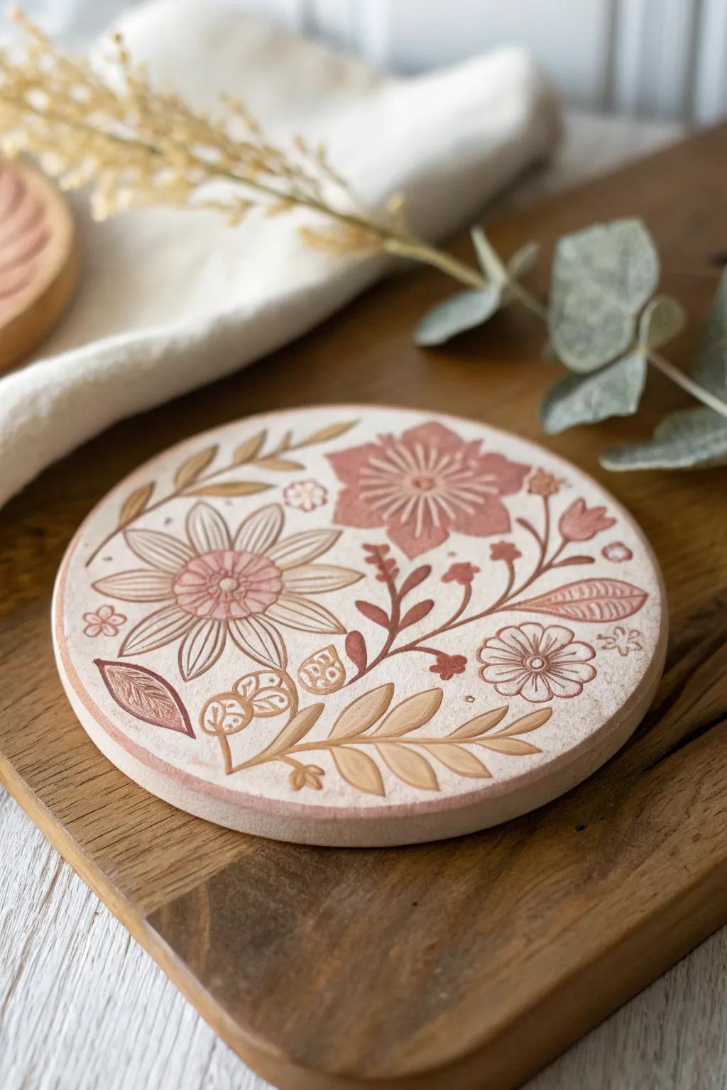 Elevate your table setting with these charming stenciled floral clay coasters, where simplicity meets elegance.