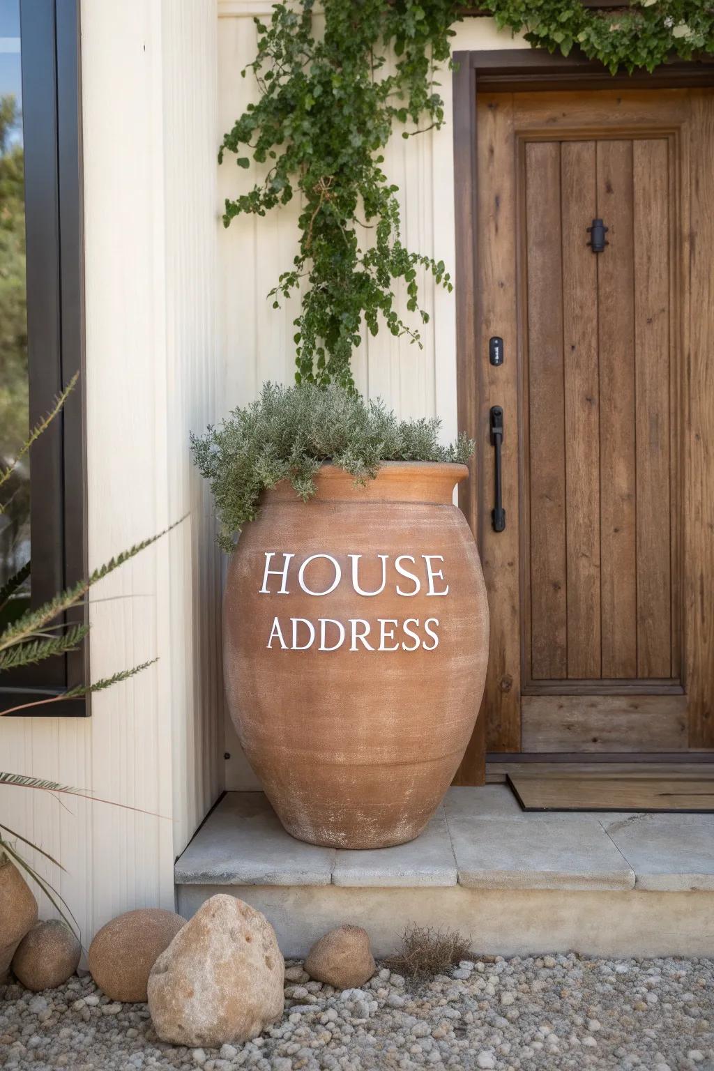 Welcome home with style: a minimalist clay pot address marker that combines functionality with natural elegance.