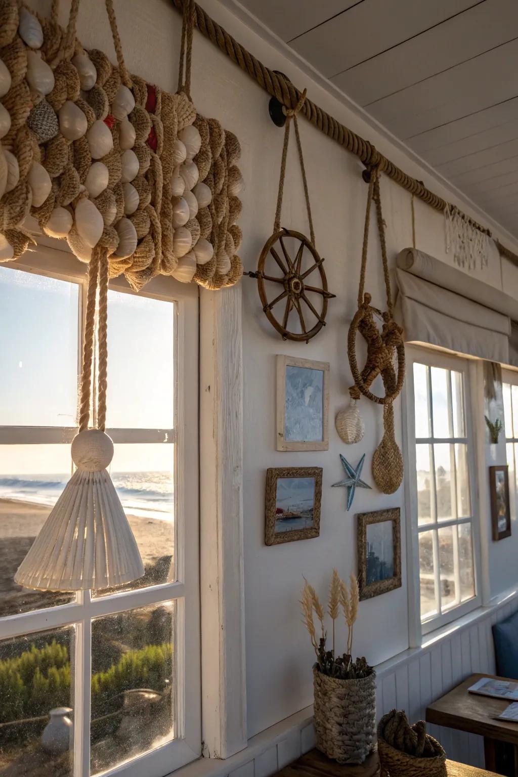 Shell and rope wall hangings for a creative touch.