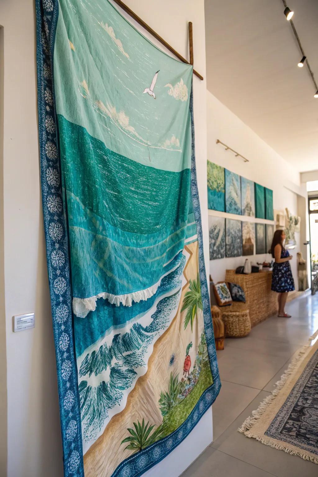 Textured textile art adds warmth and coastal color.