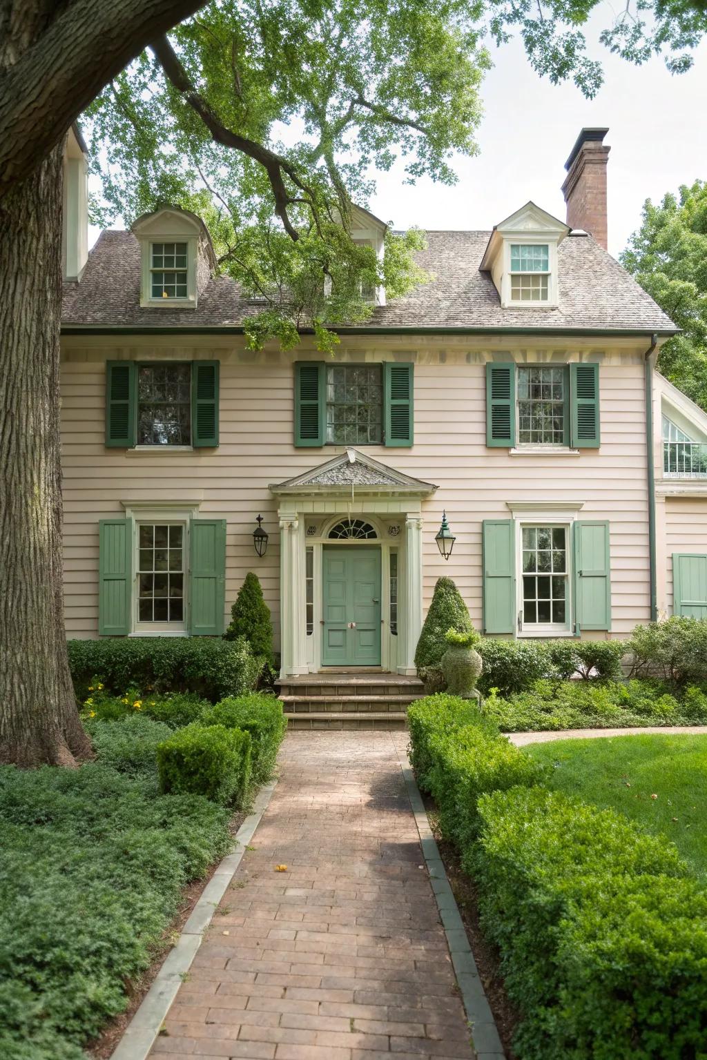 Traditional shutters add symmetry and charm to colonial entrances.
