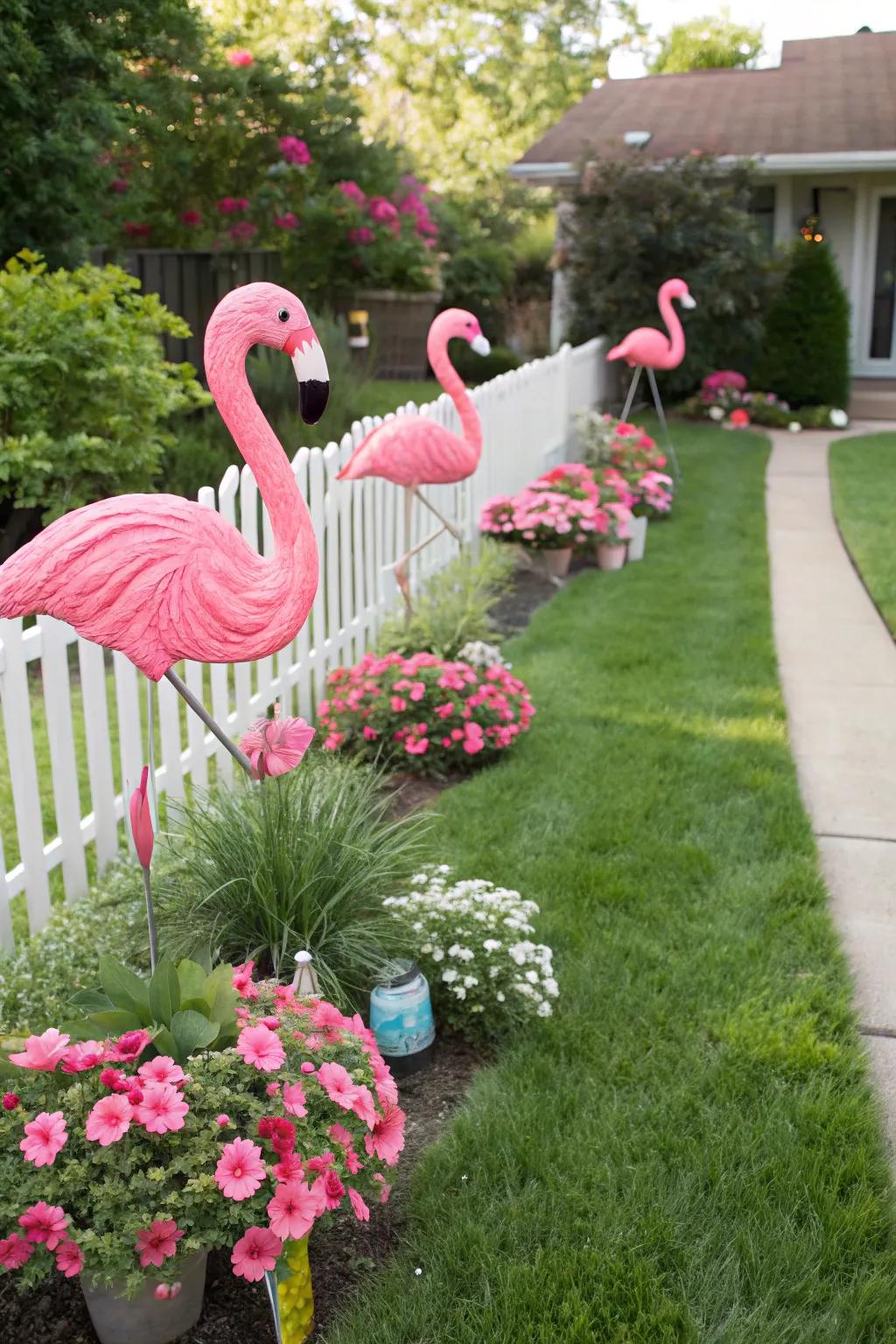 Quirky pink flamingo decorations for outdoor fun.