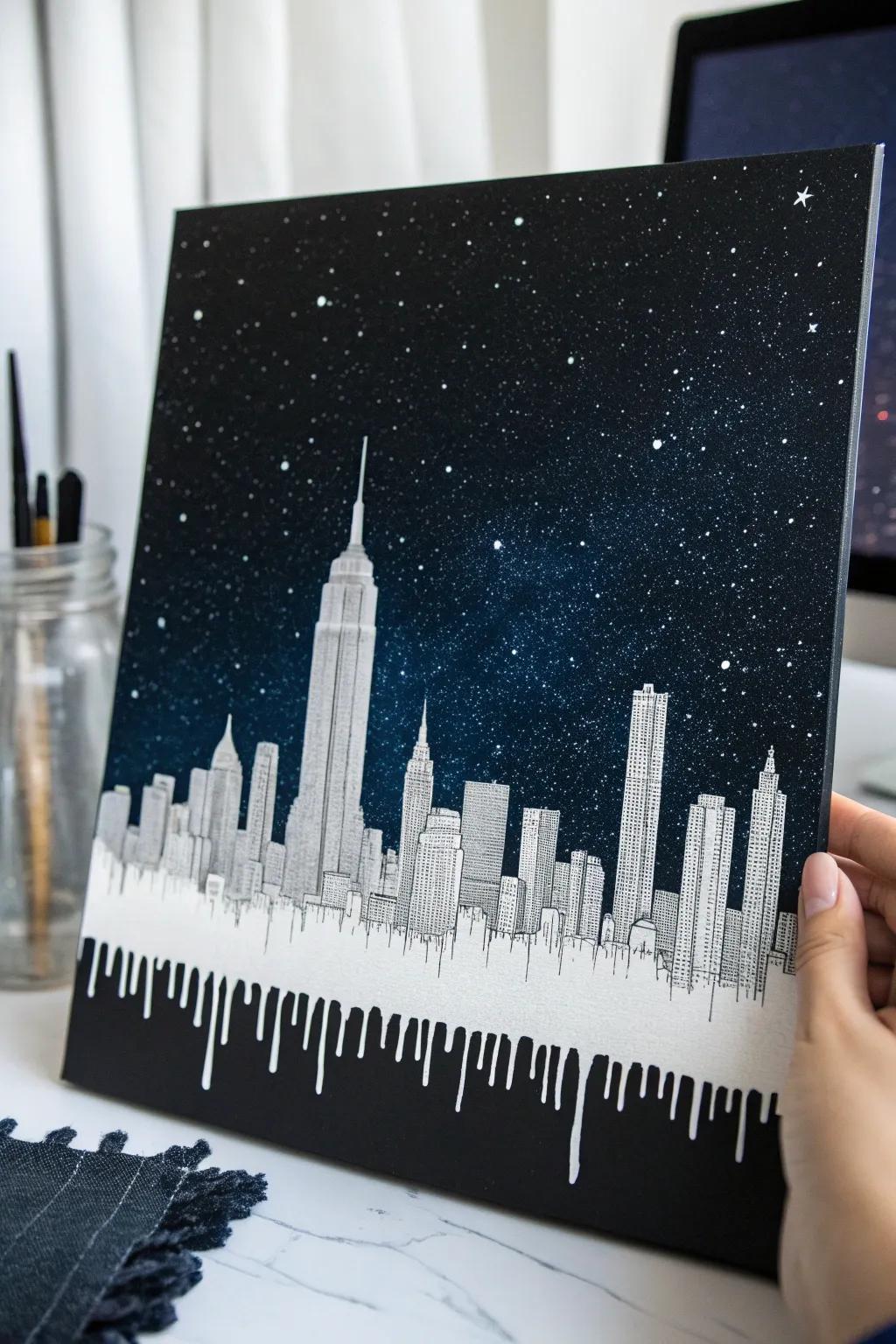 Discover the beauty of urban art with this cool drip cityscape, where simplicity meets elegance.