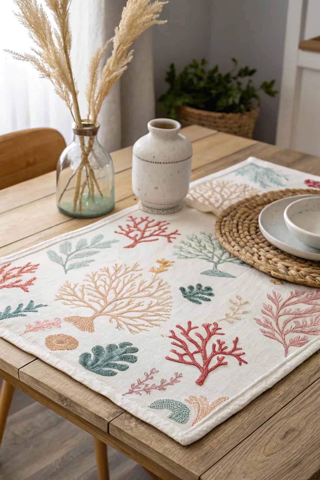Dive into dining elegance with coral reef-inspired placemats, where artistry meets the sea's charm.