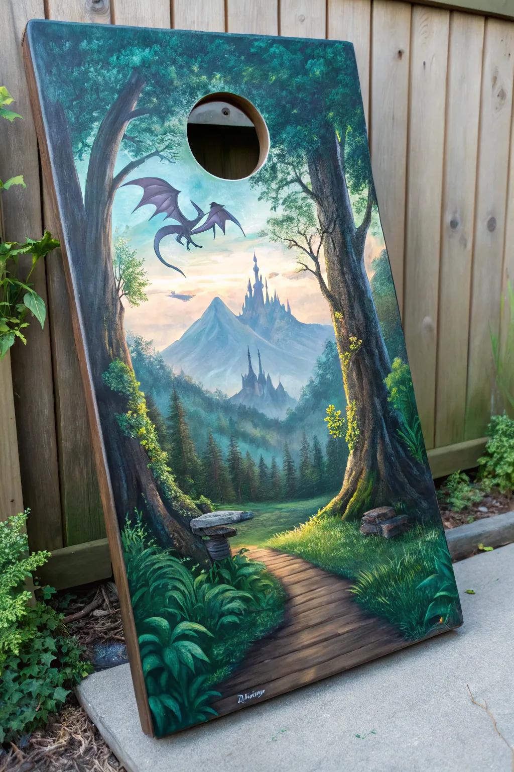 Step into a mystical realm with this enchanting cornhole board design, perfect for those who dream beyond reality.