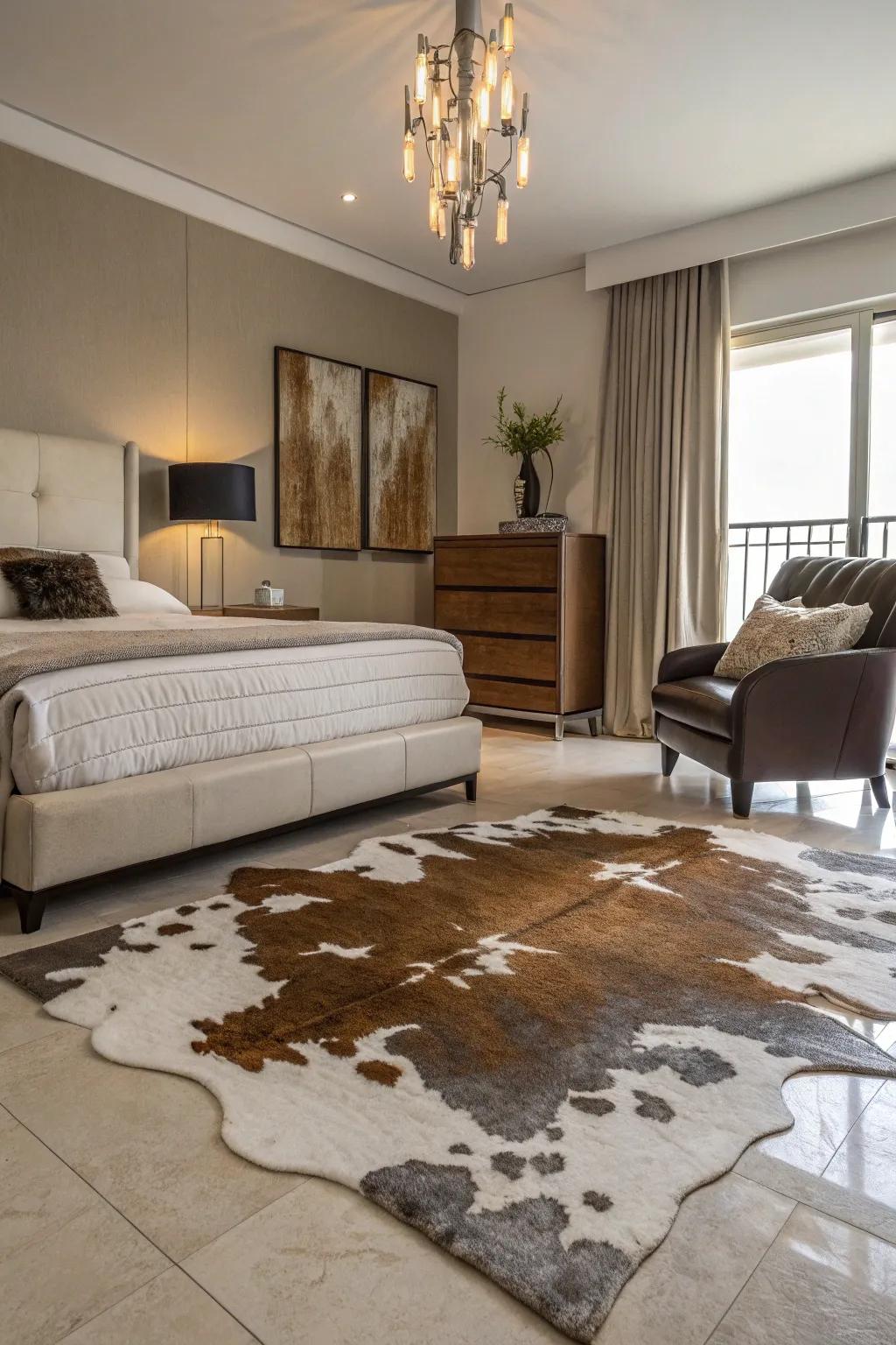 Modern bedroom with a cowhide rug featuring metallic accents.