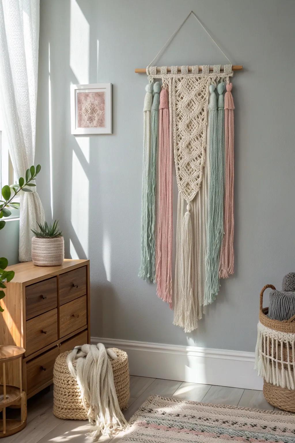 Add a touch of warmth and elegance to your space with a handmade yarn wall hanging, perfect for the creative soul.