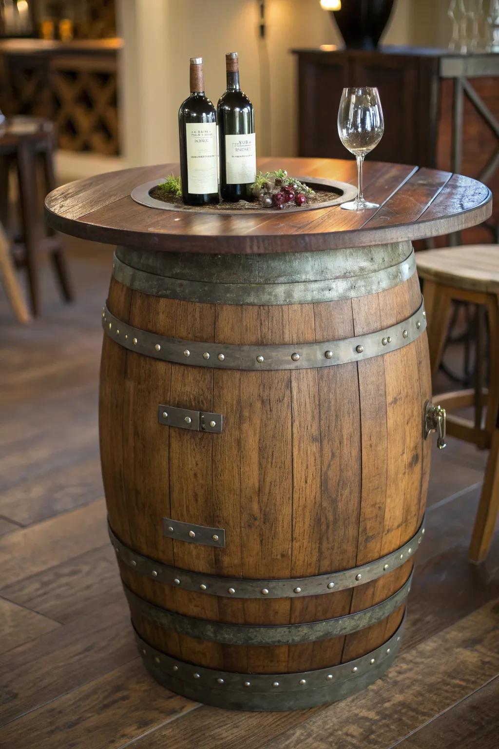 Elevate your space with a wine barrel table base—where rustic charm meets practical elegance.