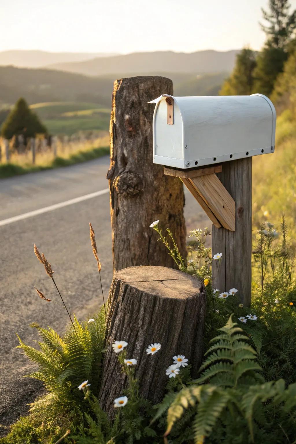 Embrace rustic elegance with a handcrafted log mailbox post, blending simplicity and nature's beauty.