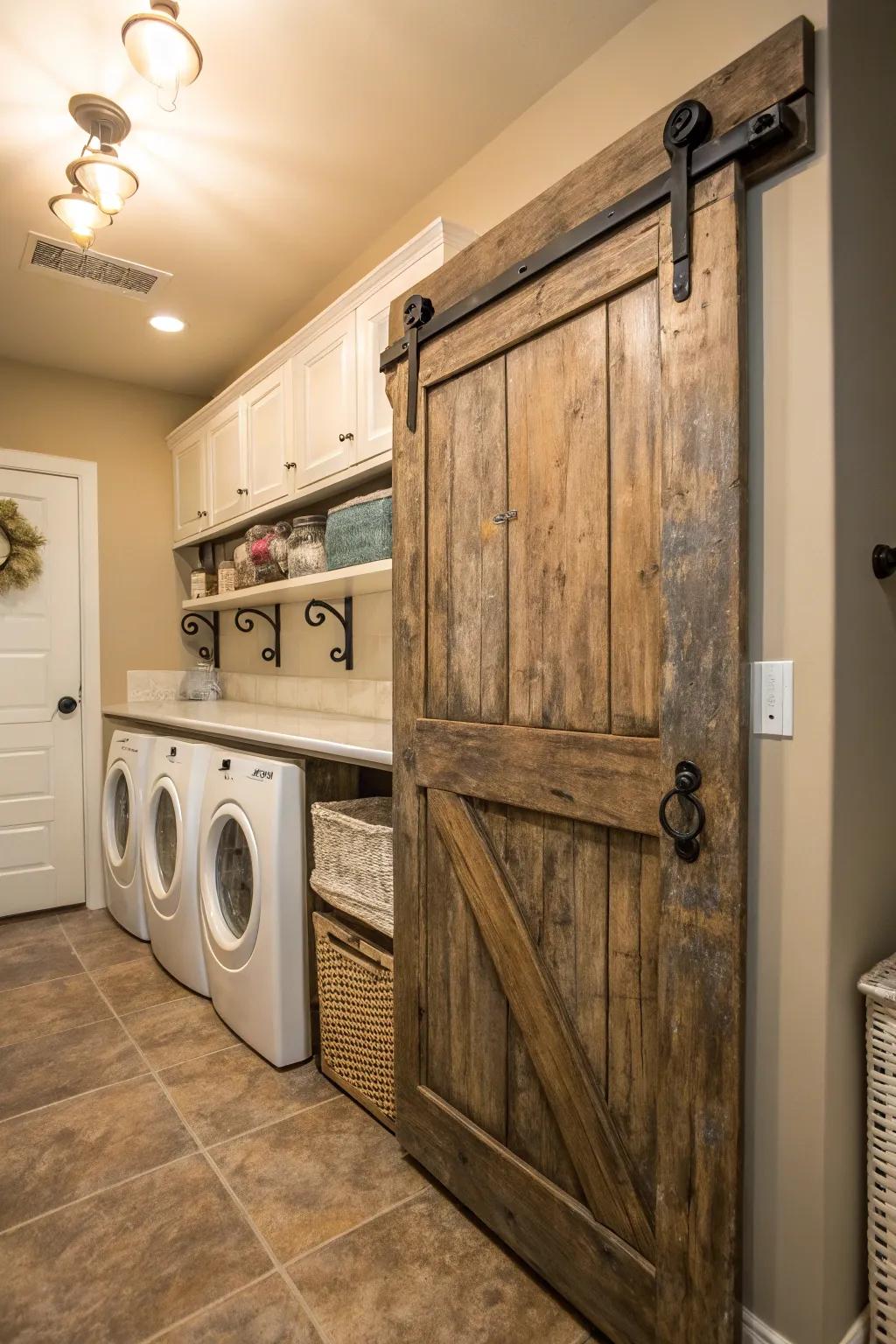 Transform your laundry room with a charming old door countertop, combining vintage allure with practical elegance.