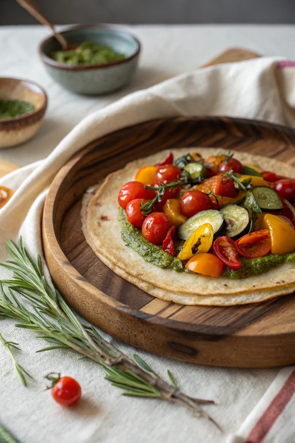 Elevate your brunch with savory crepes topped with roasted veggies and pesto—where simplicity meets delightful surprise.
