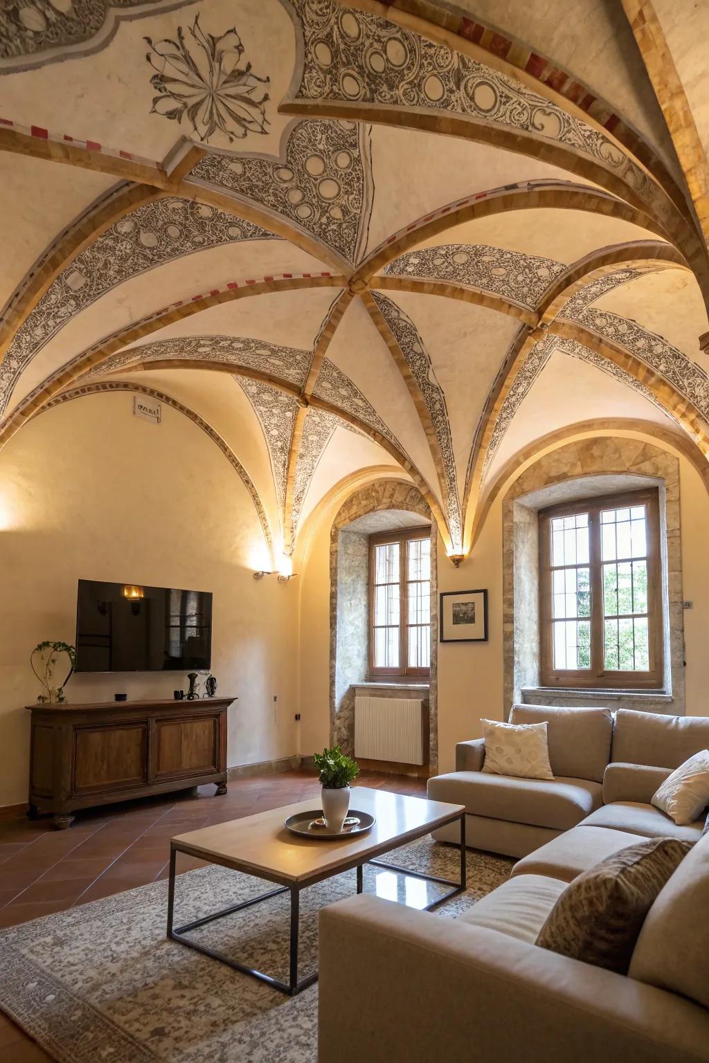 A distinctive ceiling design adding character and charm.