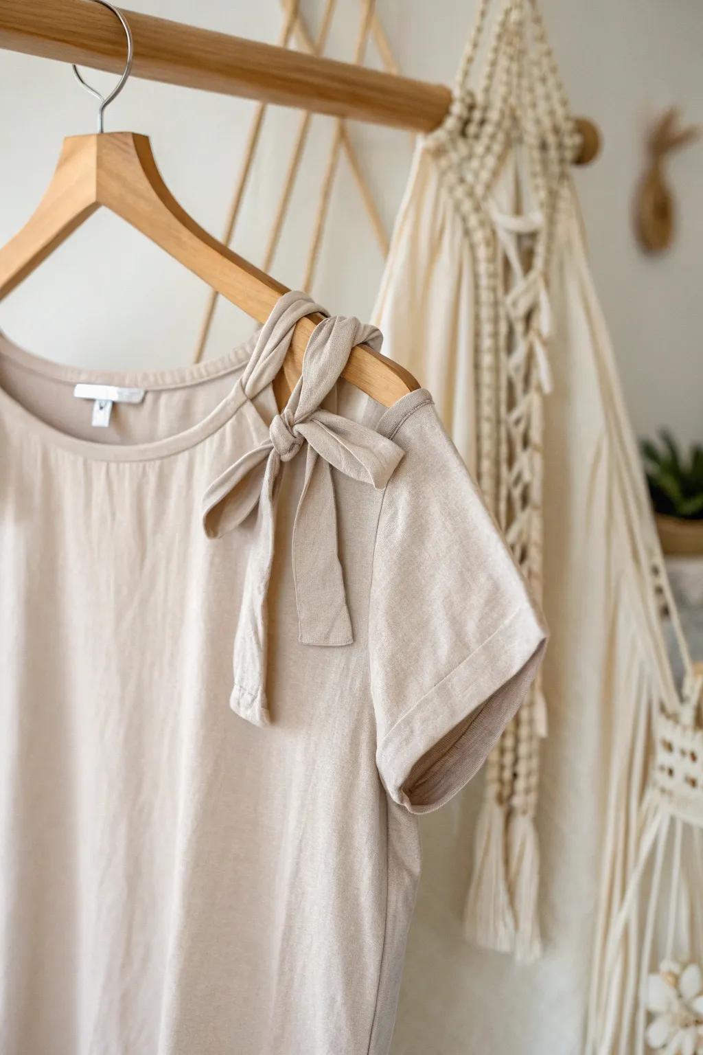 Elevate your style with simple shoulder ties – a chic twist to your favorite tee, perfect for the minimalist with a boho heart. 🌿 #DIYFashion #ScandiStyle #BohoChic
