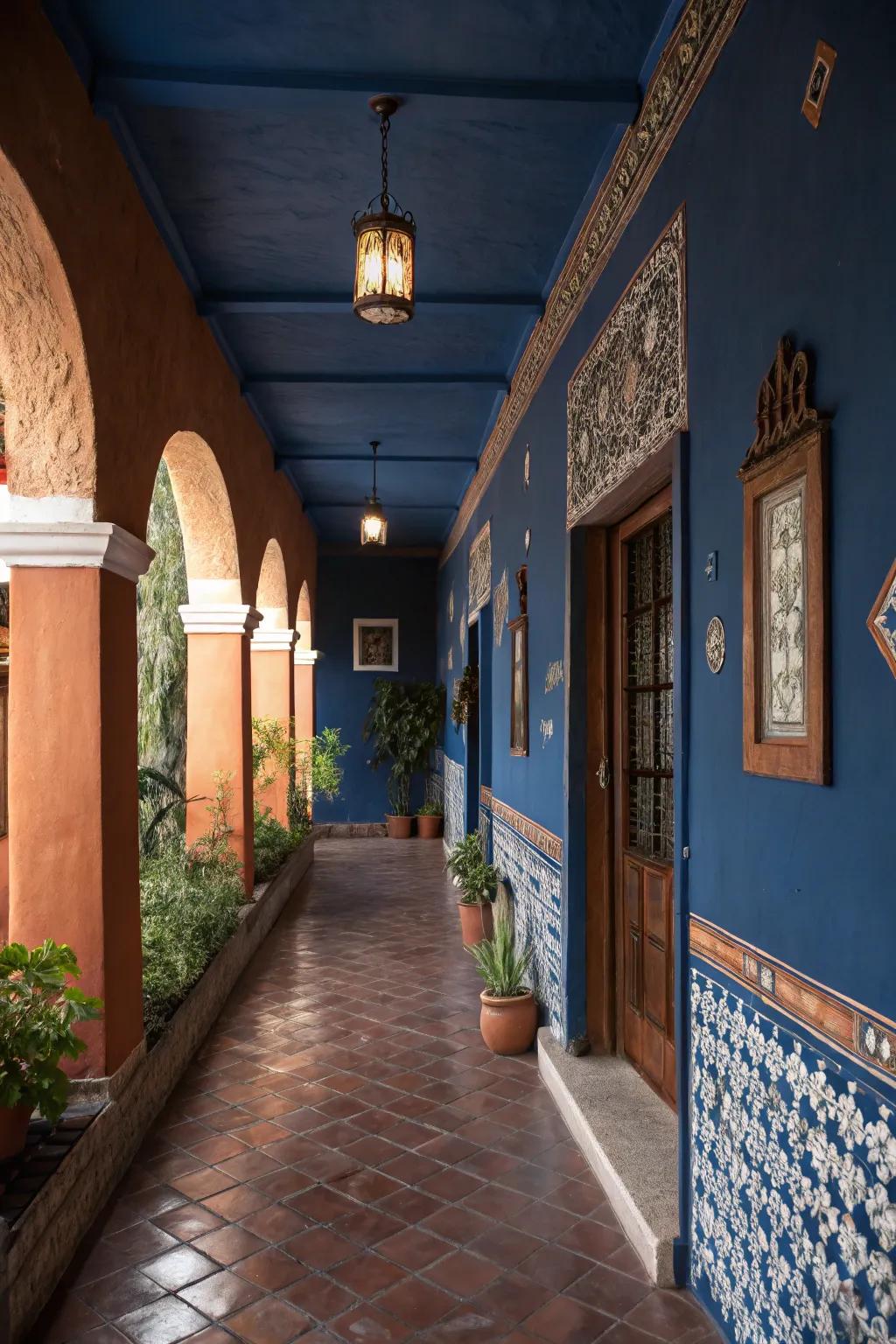 Earthy tones balance the richness of dark blue, adding warmth.