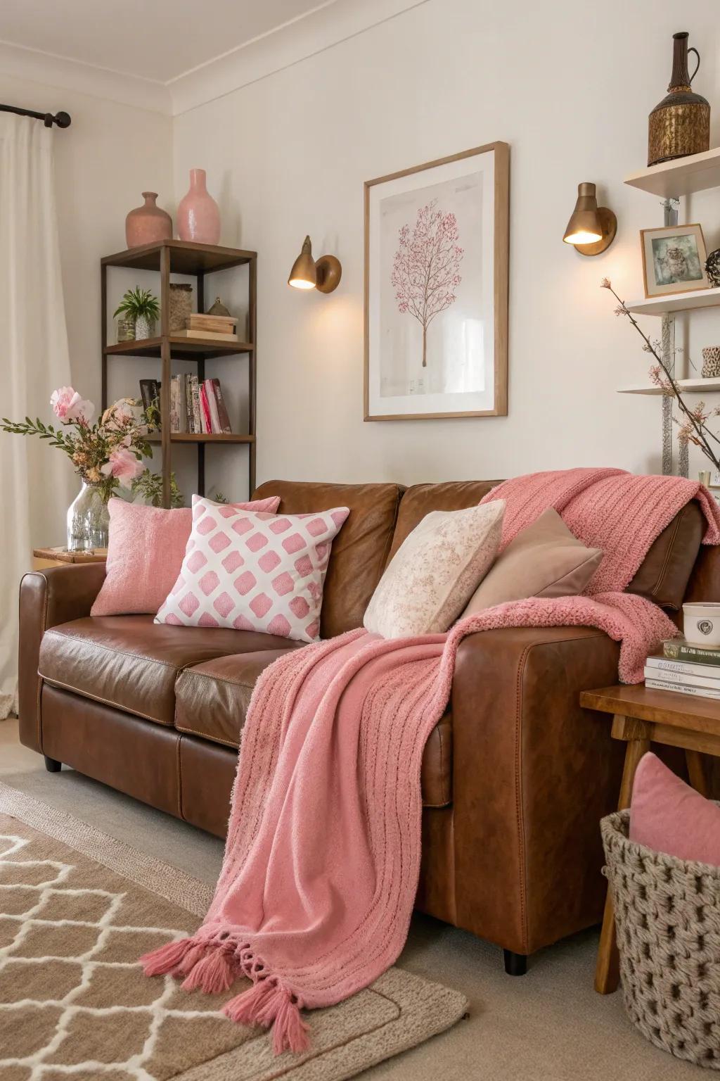 Accessories enhancing the brown and pink theme.