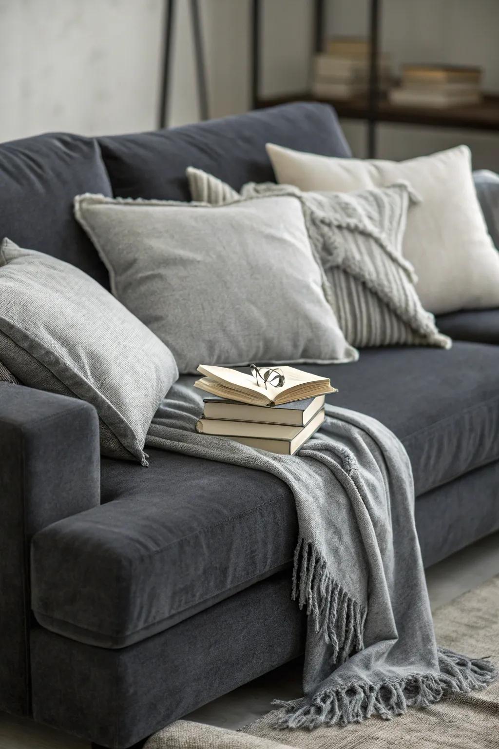 Layering grey shades brings depth to the dark grey couch setup.