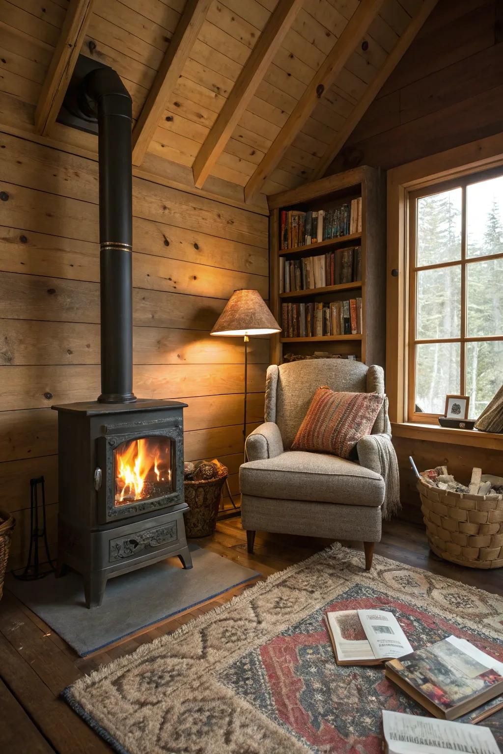 A reading nook by the stove offers a warm, cozy retreat.